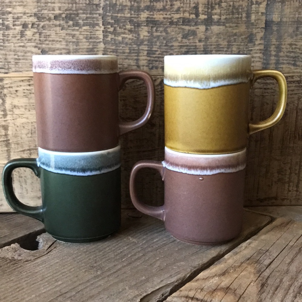 VTG 70s Set of 4 Mismatched Boho Earthy Dip Glaze Ceramic Mugs, Made in Japan - Picture 2 of 11